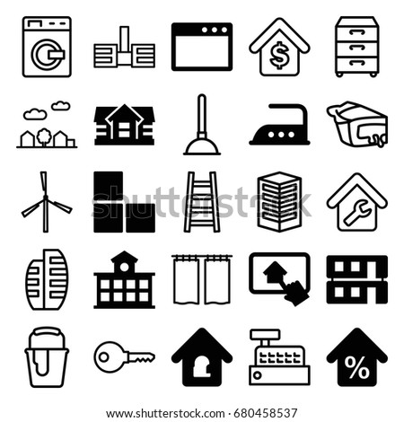 Home icons set. set of 25 home filled and outline icons such as brick wall, house, iron, house building, building, mortgage, washing machine, mill, plunger, paint bucket, pie