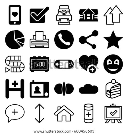 Button icons set. set of 25 button filled and outline icons such as house, add favorite, heart mobile, portable console, share, hospital, pie chart, smiley, cloud, intercom