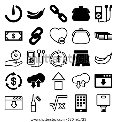 App icons set. set of 25 app filled and outline icons such as money, banana, stopwatch camera, calendar on phone, download upload cloud, ampoule, minus favorite, cd on hand