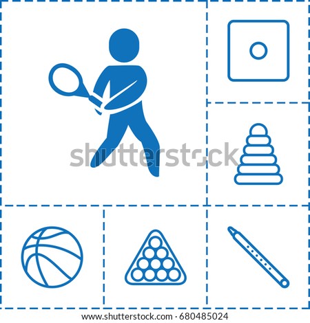 Play icon. set of 6 play filled and outline icons such as tennis playing, pyramid, dice, billiards, musical pipe
