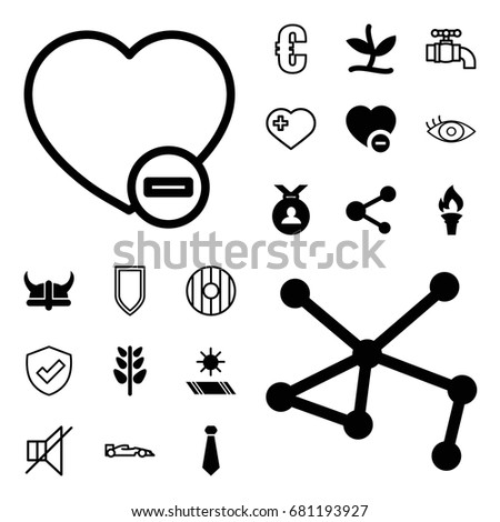 Emblem icon. set of 20 emblem filled and outline icons such as medal, plant, connection, minus favorite, share, torch, carpet in the sun, helmet, heart with cross, eye