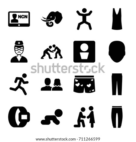 Male icons set. set of 16 male filled icons such as elephant, man wc, face, man and woman, singlet, underpants, pants, squat, underwear with heart, doctor, judo, badge