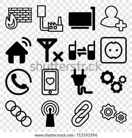 Connection icons set. set of 16 connection filled and outline icons such as call, signal, connected phone, plug, gear, house signal, no signal, heart mobile, add friend