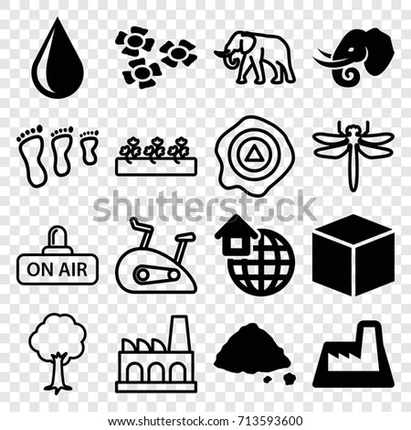 Environment icons set. set of 16 environment filled and outline icons such as elephant, water drop, ground heap, factory, global home, flower, dragonfly, sprout plants, tree