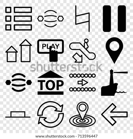 Navigation icons set. set of 16 navigation filled and outline icons such as finger pressing play button, top of cargo box, pause, lighthouse, atom interaction, escalator down