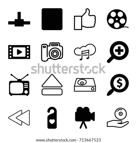Media icons set. set of 16 media filled and outline icons such as heart tag, tv, camera, stop, zoom in, search dollar, dvd player, eject button, play back, music cloud