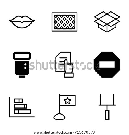 Line icons set. set of 9 line filled and outline icons such as camera flash, pointing on document, fence, box, love, goal post, flag, minus