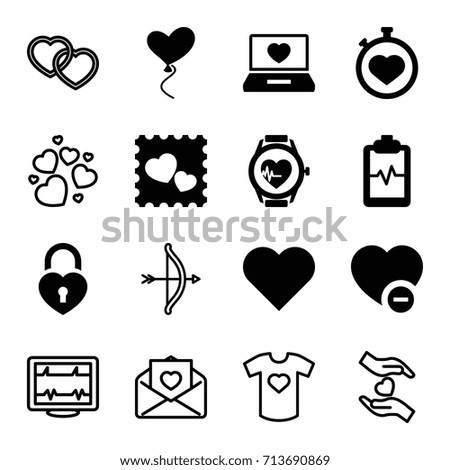 Heart icons set. set of 16 heart filled and outline icons such as stopwatch, heartbeat clipboard, minus favorite, laptop with heart, photo with heart, love letter