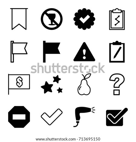 Mark icons set. set of 16 mark filled and outline icons such as hair dryer, no alcohol, star, warning, tick, pear, flag, flag with dollar, question, minus, clipboard