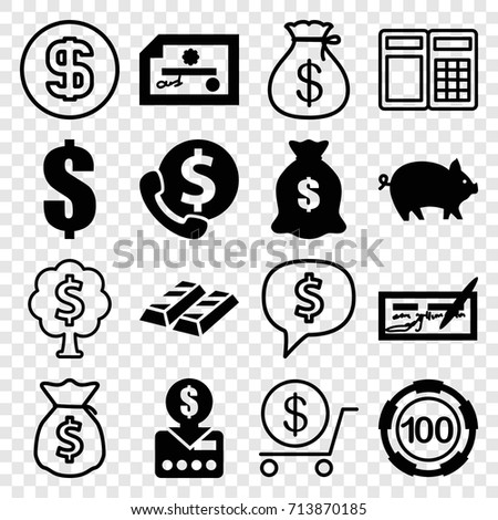 Currency icons set. set of 16 currency filled and outline icons such as pig, 100 casino chip, dollar, money sack, money sack, dollar coin, check, bank support, gold