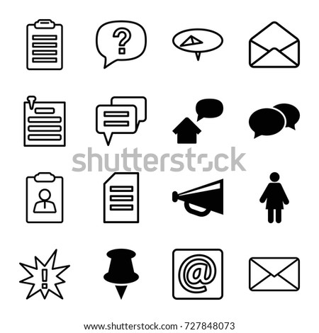 Message icons set. set of 16 message filled and outline icons such as chat, megaphone, home message, envelope, at email, mail, paper pin, pin, paper, exclamation, woman