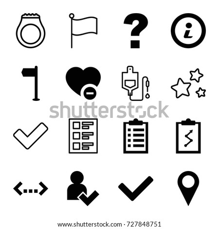 Mark icons set. set of 16 mark filled and outline icons such as minus favorite, add user, info, tick, drop counter, checklist, star, question, ring, location, quotation