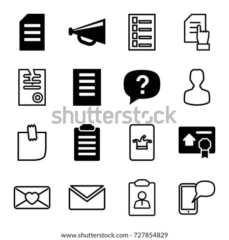 Message icons set. set of 16 message filled and outline icons such as megaphone, bill of house sell, document, exclamation, poker on phone, pointing on document, paper