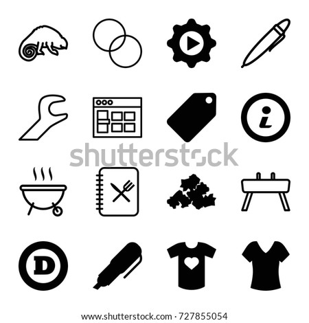 Template icons set. set of 16 template filled and outline icons such as tag, shirt, d letter, mud, play in gear, t-shirt with heart, info, pen, chameleon, circle intersection