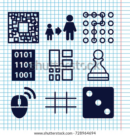 Set of 9 square filled and outline icons such as dice, son and father, computer mouse, binary code, grid, qr code, pawn