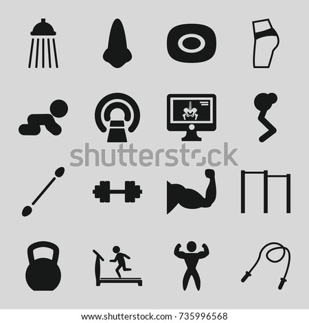 Body icons set. set of 16 body filled icons such as soap, nose, treadmill, cotton buds, muscle, mri, x-ray on display, shower, bodybuilder, barbell   isolated, crawling baby