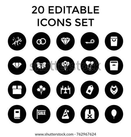Set of 20 gift filled icons such as gem, diamond, necklace, box, tag, shopping bag, sale, party hat, engagement ring, bouquet, question box, heart balloons, bow, balloon