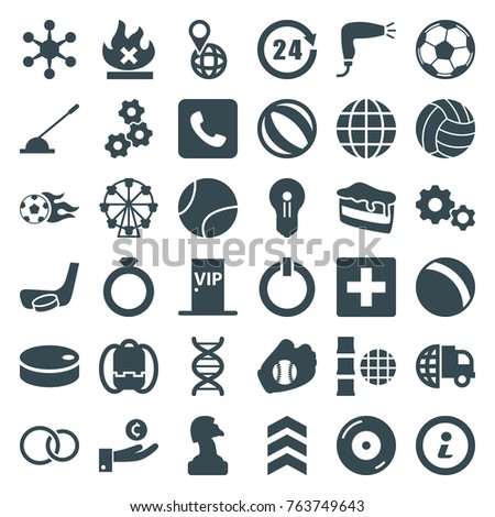 Set of 36 round filled icons such as ball, hair dryer, international delivery, plus, gear, backpack, chess horse, beach ball, ring, ferris wheel, piece of cake, hand on coin