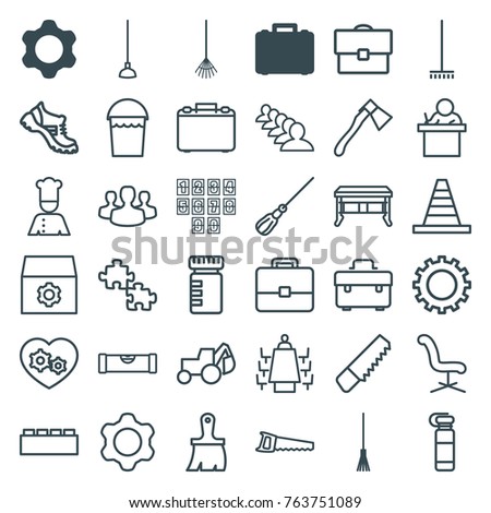 Set of 36 work outline icons such as gear, case, level ruler, bucket, broom, mop, boot, office chair, group, saw, toolbox, brush, cone, excavator, teacher, office desk, puzzle