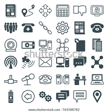 Set of 36 communication filled and outline icons such as desk phone, news, share, distance, location, group, message, satellite, medical phone, download document