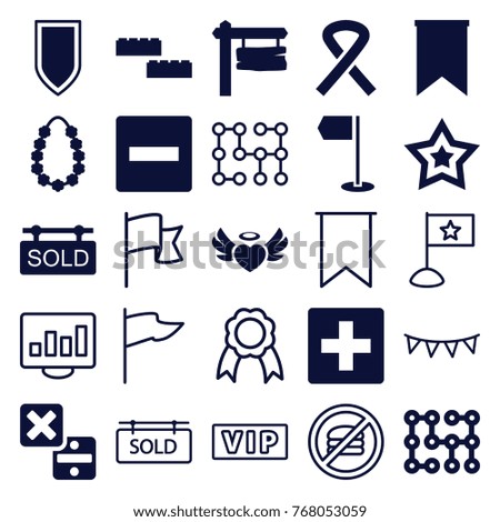 Set of 25 banner filled and outline icons such as plus, minus, building block, direction board, heart angel wings, garland, ribbon, sold tag, flag, electric circuit