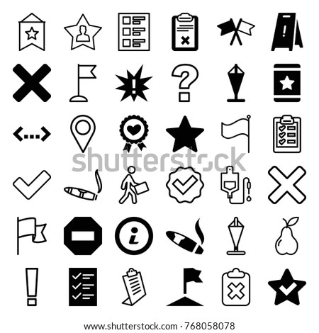 Set of 36 mark filled and outline icons such as wet floor, star, exclamation, heart ribbon, clipboard, minus, quotation, flag, info, checklist, cross, cigarette, tick