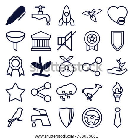 Set of 25 emblem outline icons such as plant, pen, antelope, sparrow, rocket, tap, medal, filter, wheel, tie, minus favorite, star, share, no sound, shield, ribbon