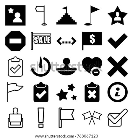 Set of 25 mark filled and outline icons such as flag with dollar, clipboard with tick, clipboard with cross, minus favorite, minus, quotation, favourite user, stamp, star