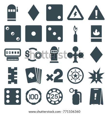 Set of 25 risk filled icons such as pllaying card, clubs, diamonds, 25 casino chip, dice, warning, exclamation, fire protection, voltage warning, dynamite