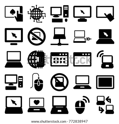 Set of 25 pc filled icons such as no laptop, finger on tablet, display, laptop, cpu planet, tablet, browser window, pc, computer mouse