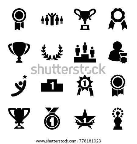 Set of 16 victory filled icons such as ribbon, trophy, ranking, 1st place star, olive wreath, group of people and man celebrating victory, man with medal, number 1 medal