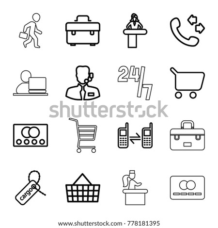 Customer icons. set of 16 editable outline customer icons such as credit card, airport desk, call, toolbox, shopping cart, cargo tag, shopping bag, connected phone