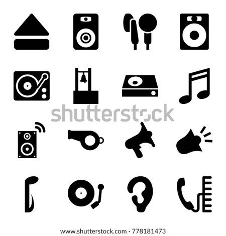 Sound icons. set of 16 editable filled sound icons such as ear, music note, speaker, whistle, volume, dvd player, eject button, gramophone, microphone, siren