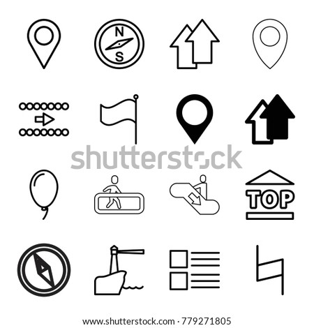 Navigation icons. set of 16 editable outline navigation icons such as map location, arrow up, menu, location, compass, arrow, top of cargo box, flag, pause, balloon