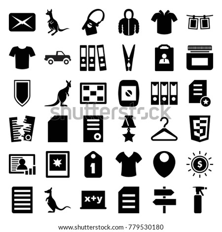 Blank icons. set of 36 editable filled blank icons such as kangaroo, spray bottle, t-shirt, document, blackboard x+y, paper, binder, dollar in sun, resume, shield, photo