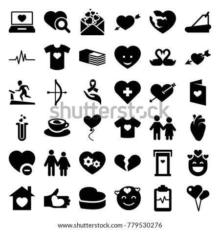 Heart icons. set of 36 editable filled heart icons such as door with heart, heart with arrow, emot in love, bow, couple, treadmill, bandage, minus favorite, love letter