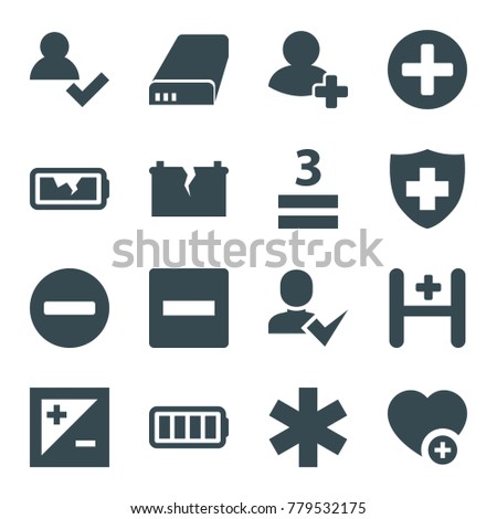 Plus icons. set of 16 editable filled plus icons such as minus, add user, medical sign, 3 allowed, add favorite, add friend, hospital, battery, ful battery, broken battery