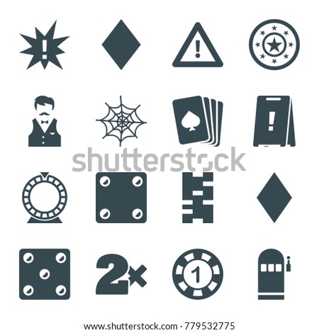 Risk icons. set of 16 editable filled risk icons such as pllaying card, diamonds, 1 casino chip, casino bet, domino, exclamation, warning, dice, roulette, spider web