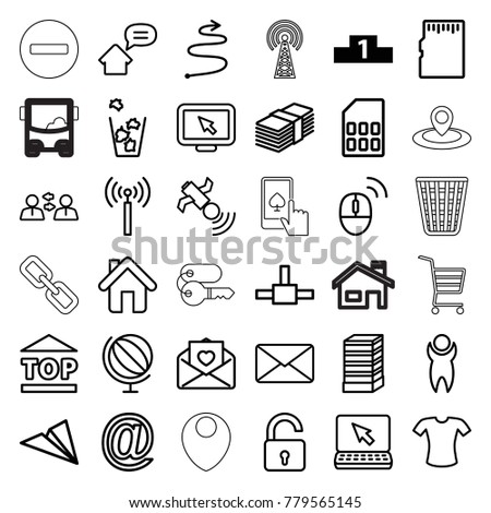 Internet icons. set of 36 editable outline internet icons such as ranking, signal tower, opened lock, business center building, t-shirt, trash bin, laptop, globe, paper plane