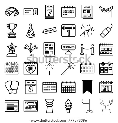 Event icons. set of 36 editable outline event icons such as flag, ticket, calendar, tent, trophy, news, boxing gloves, 14 date, calendar 7 date, sparkler, firework, fireworks