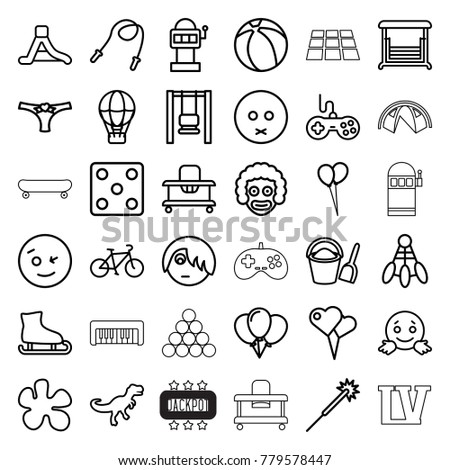 Fun icons. set of 36 editable outline fun icons such as joystick, baby walker, dice, sparklers, balloon, wink emot, sad emot, slot machine, paintball, clown, swing