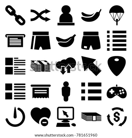 App icons. set of 25 editable filled app icons such as banana, pointer on display, money, menu, document, parachute, user, sport shorts, minus favorite, guitar mediator