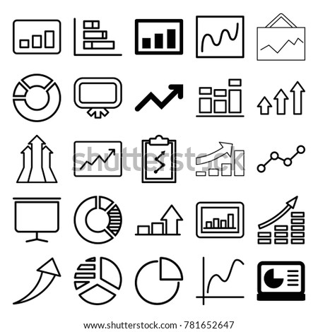 Graph icons. set of 25 editable outline graph icons such as chart on display, board, pie chart, money growth, arrows up