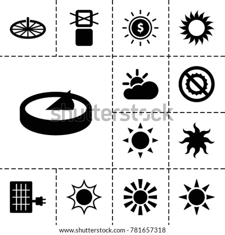 Sunlight icons. set of 13 editable filled sunlight icons such as sun, no brightness, cargo only in box allowed, dollar in sun, sun cloud, solar panel
