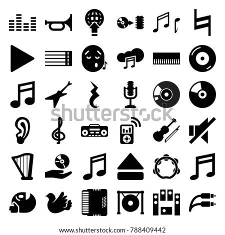 Music icons. set of 36 editable filled music icons such as treble clef, trumpet, piano, bird, disc on fire, guitar strings, no sound, loud speaker set, play, eject button
