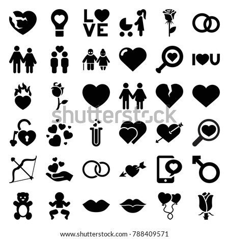 Love icons. set of 36 editable filled love icons such as teddy bear, heart, lips, family, heart with arrow, rose, couple, heart search, woman with baby carriage, newborn child