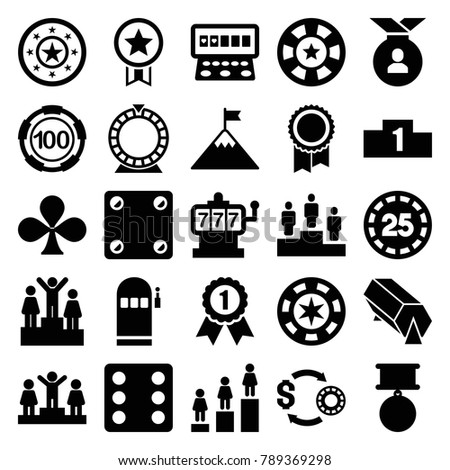 Win icons. set of 25 editable filled win icons such as slot machine, 100 casino chip, dice, ranking, casino chip, flag on mountain, number 1 medal, medal, clubs, roulette