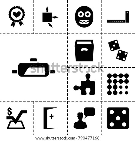 Square icons. set of 13 editable filled square icons such as dice, chatting man, mathematical square, dice, heart ribbon, box, pan, aid post, ruler, arrow, puzzle