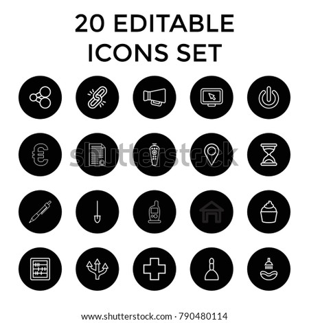 Button icons. set of 20 editable outline button icons such as shower, spa bag, hourglass, abacus, location, share, chain, muffin. best quality button elements in trendy style.