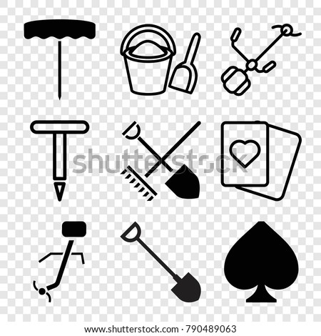 Set of 9 spade filled and outline icons such as spades, gardening tool, bucket and shovel, shovel and rake